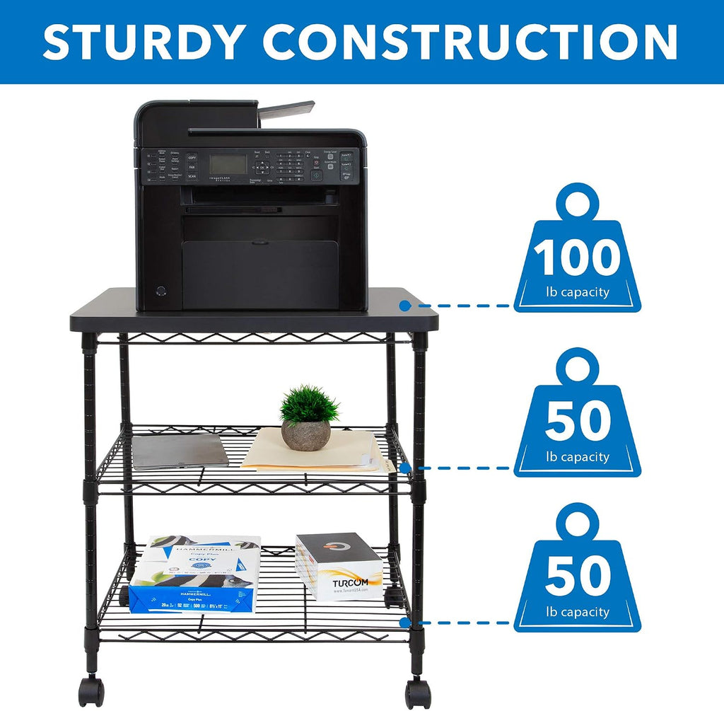 Mount-It! Printer Stand With Wheels | 3-Tier Large Printer Cart With Storage Shelves For 3D & Laser Printer, Scanner, Heat Press | Rolling Metal Utility Table For Home and Office Use, 200 Lbs Capacity
