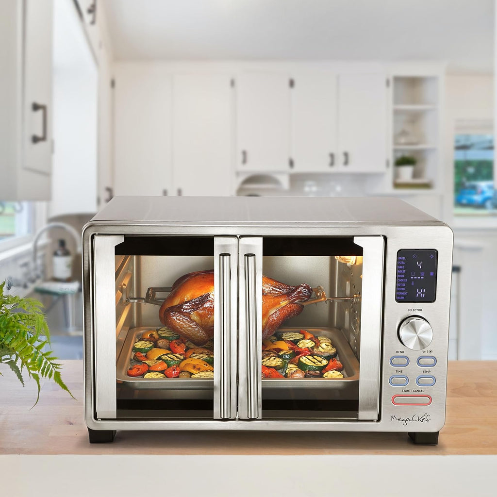 MegaChef 25 Liter Digital Electric French Door Multi-Function Counter Top Oven with Rotisserie Set & Toast, Bagel, Pizza, Bake, Roast, Broil, Cookies, Rotisserie, Dehydrate, Ferment, Warm Functions
