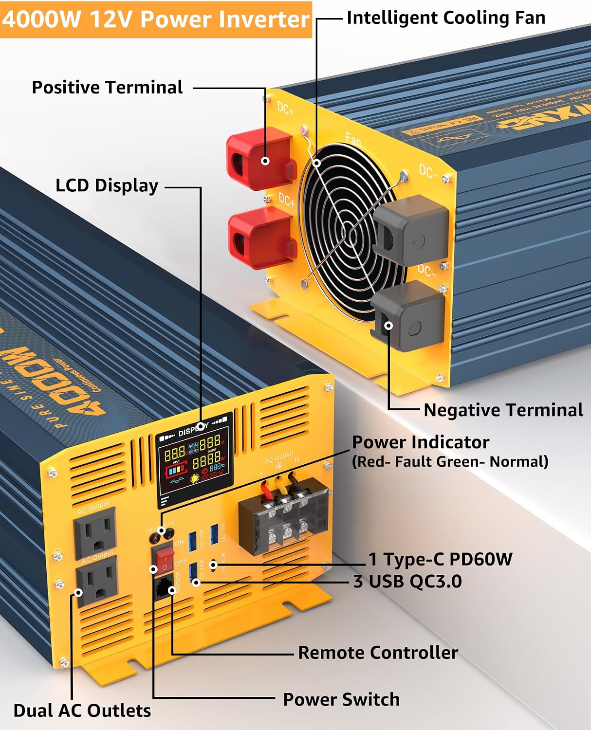 4000W Pure Sine Wave Power Inverter DC 12V to AC 110V 120V for Home RV with Dual AC Outlets 1 USB-C(60W) 3 USB-QC3.0 Fast Car Charger Adapter, LCD Display and Remote Control