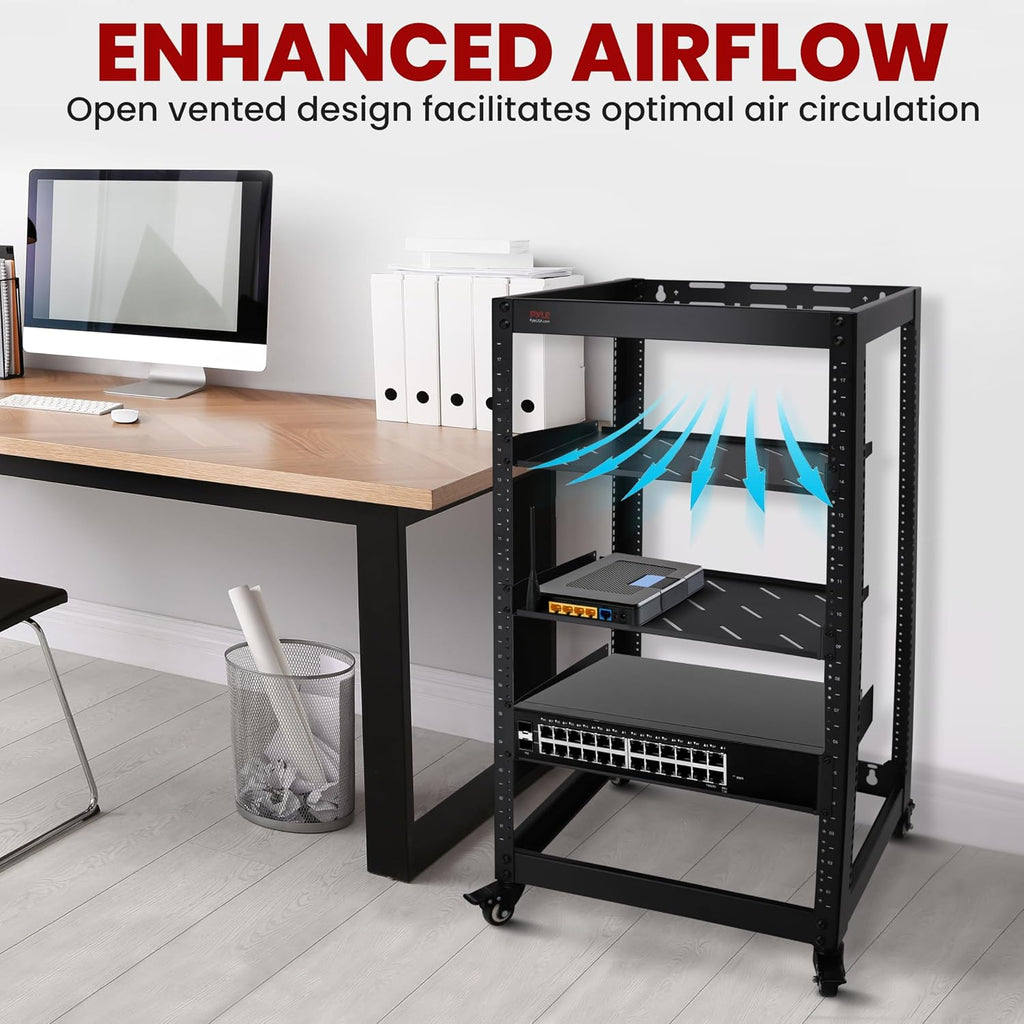 Pyle 20U Open Frame Server Rack - Wall Mount Network Rack for Servers, Networking & AV Gear - Heavy-Duty 19' Equipment, Includes 1U & 2U Vented Shelves for Airflow, Lockable Wheels - 440 lbs Capacity