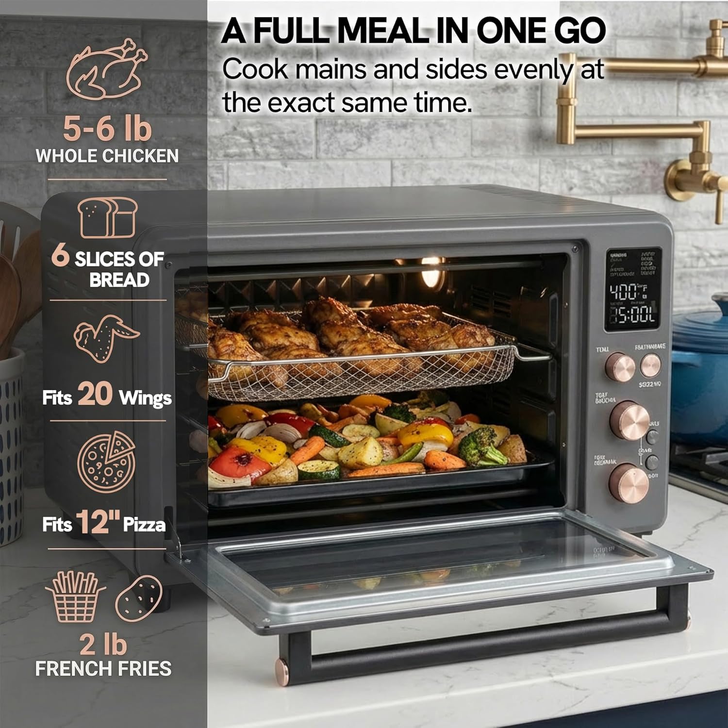 VAL CUCINA Non-Toxic Enamel Interior Air Fryer Toaster Oven Combo, 26.3 QT Countertop Convection Oven 10-in-1, Infrared Heating, Fits 12' Pizza & 6-Slice Toast, Easy Clean Enamel Baking Pan Included