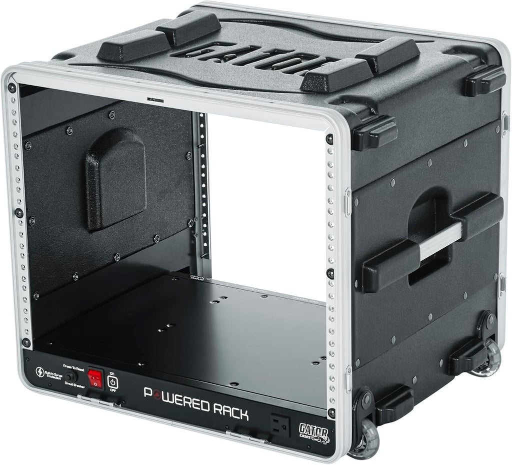 Gator Cases Lightweight Rolling 8U Rack Case with Built-in Power Supply, Heavy Duty Latches, Retractable Tow Handle, and Recessed Wheels, 19.25' depth, (GRR-8PL-US)