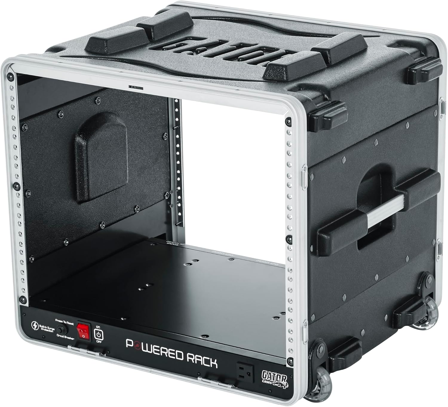 Gator Cases Lightweight Rolling 8U Rack Case with Built-in Power Supply, Heavy Duty Latches, Retractable Tow Handle, and Recessed Wheels, 19.25' depth, (GRR-8PL-US)