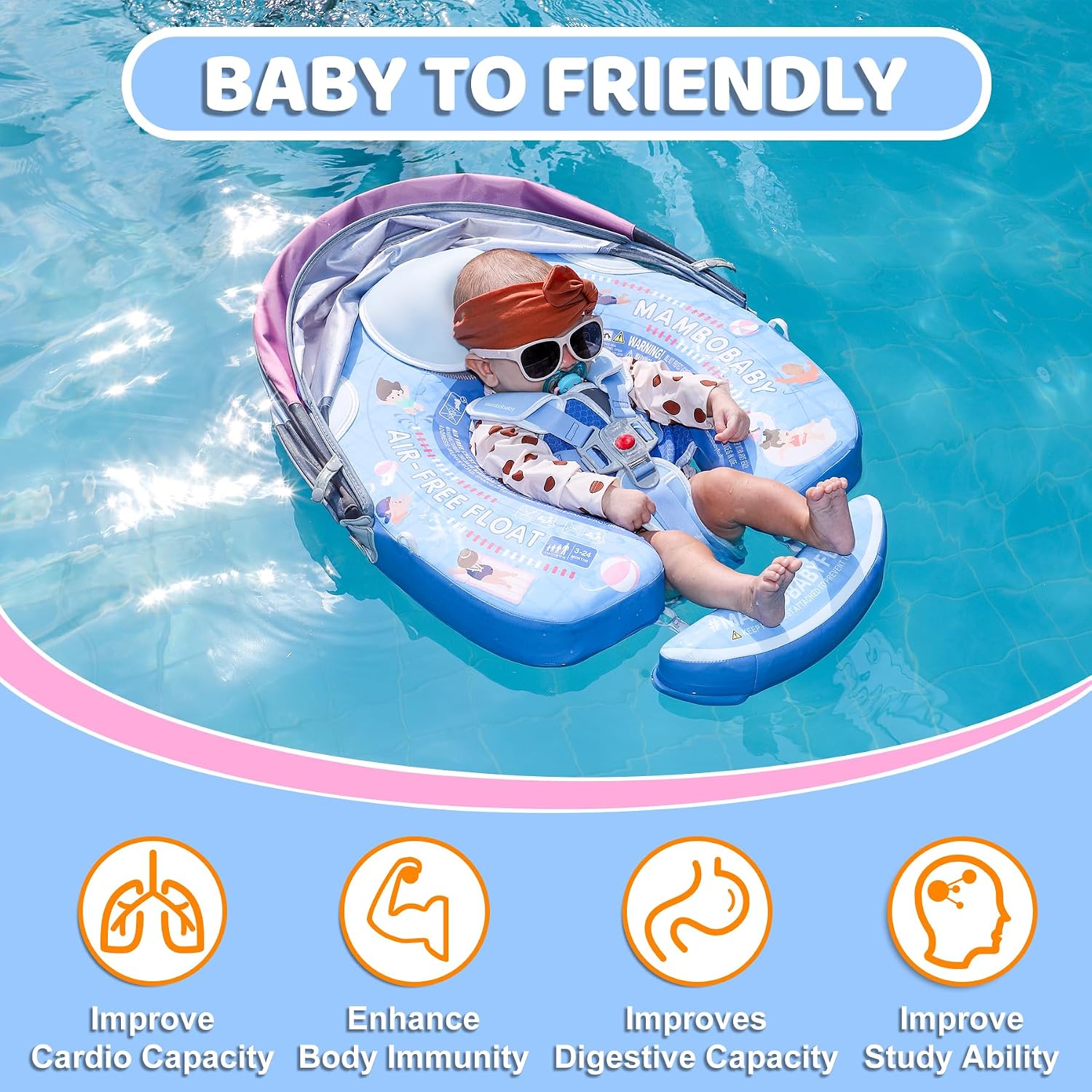 Mambobaby Baby Float with Canopy & Tail Non-Inflatable Baby Swim Float Upgrade Soft Infant Pool Float Sun Protection Newborn Pool Float 3-24 Months Skin-Friendly Material for Toddler Boys Girls