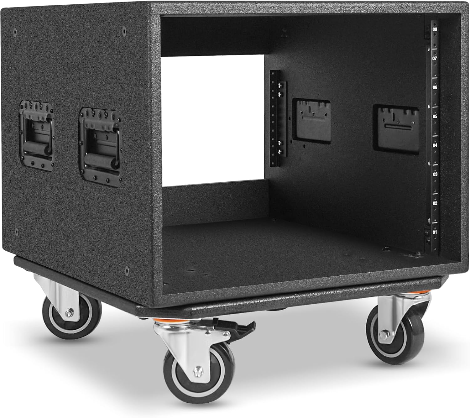 Sound Town 8U PA/DJ Rack/Road Case with 8-Space, Industry-Grade 0.7' (18mm) Plywood with Polyurea Coating, Rain Cover, Casters, 21.7' Rackable Depth - Pro Tour Grade (STRCP-8UW)