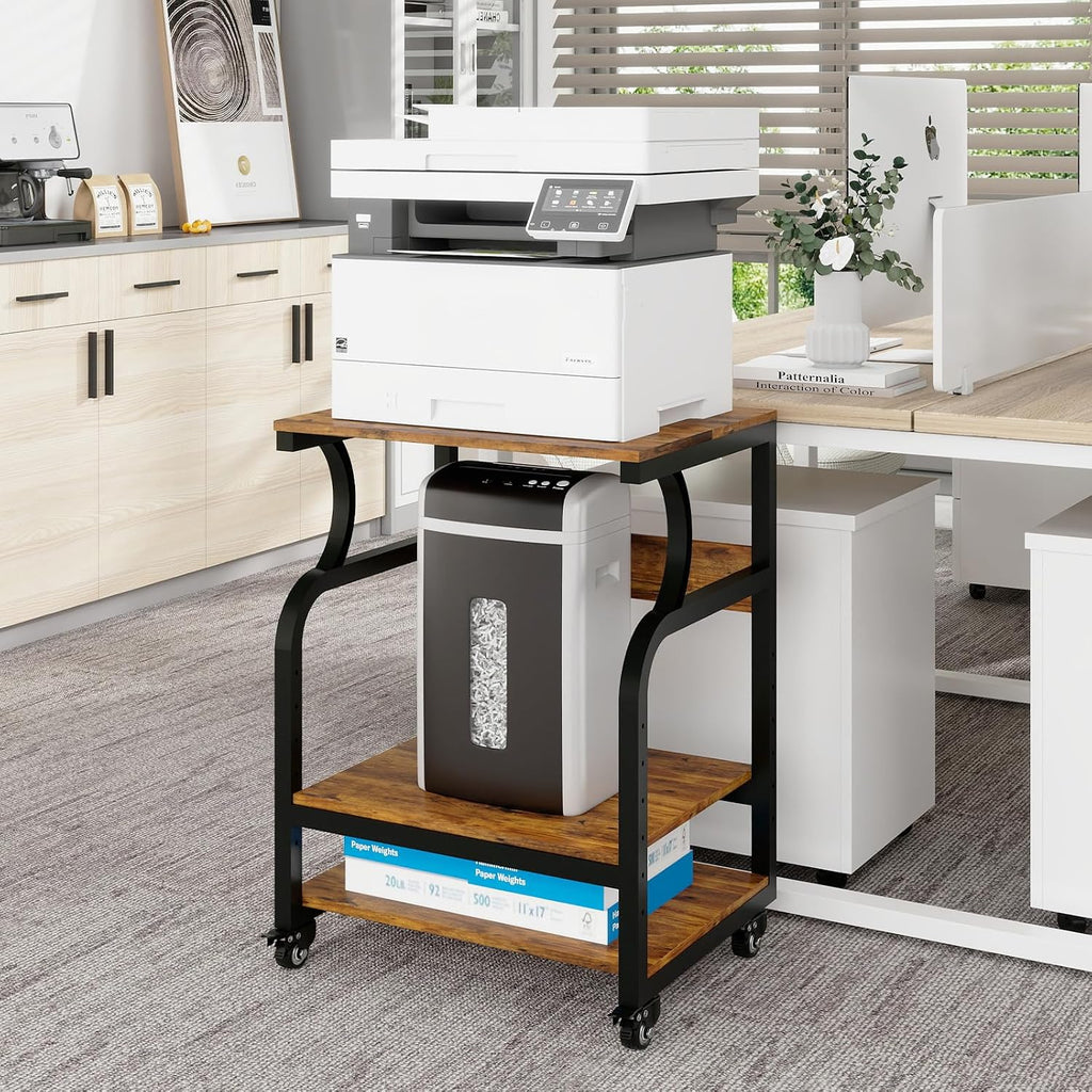 Natwind Large 3-Tier Rolling Printer Cart with Adjustable Shelf, 24'x20' Mobile Stand for Heat Press, 3D Printer, Home Office Multifunctional Shelves with Locking Wheels (Retro)