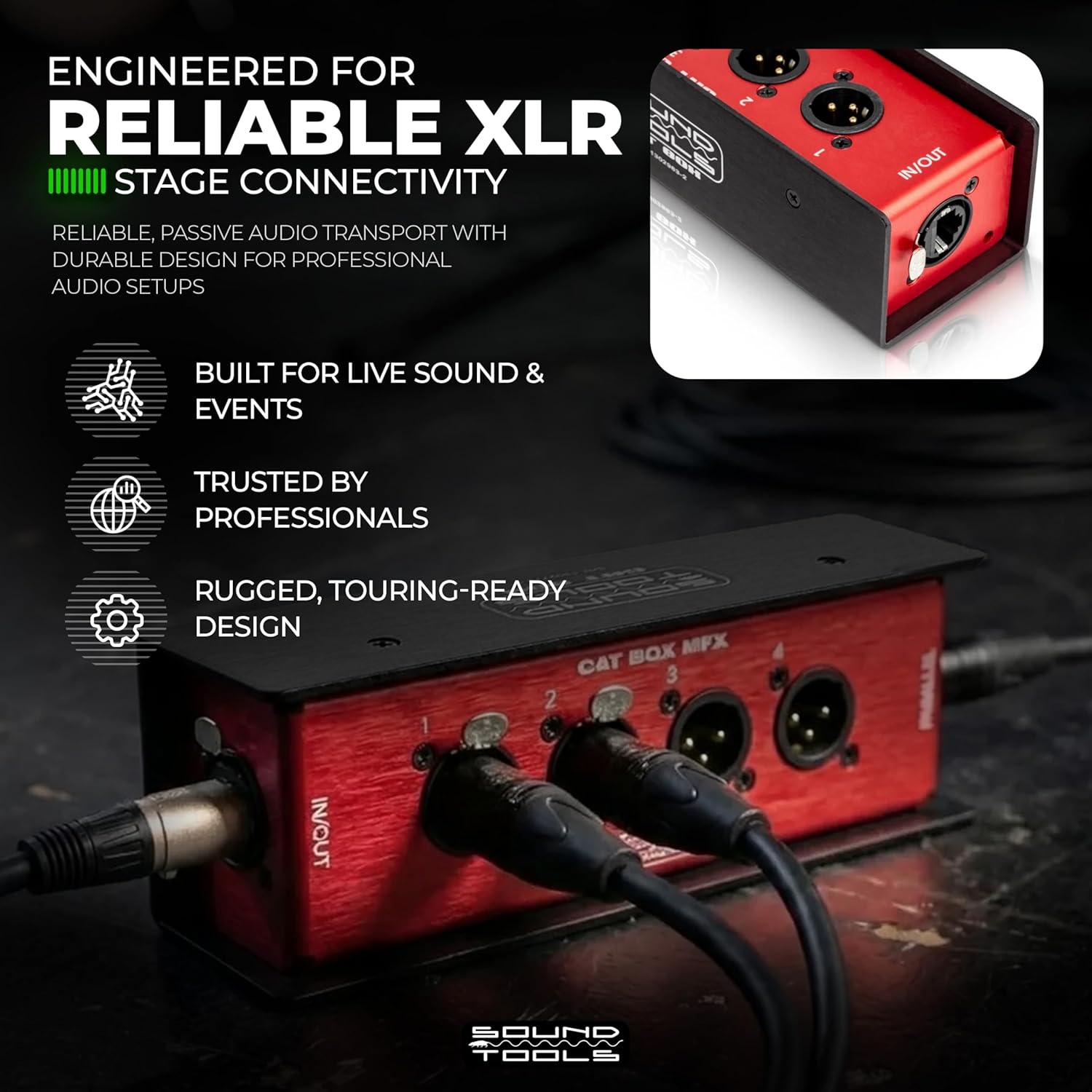 Sound Tools CAT Box FX – 4 Female with Passive Analog Audio for etherCON Daisy Chain – 4 Channel XLR Over CAT5e Stage Box – DMX, COM, AES & 3-pin XLR Compatible – Rugged Aluminum Housing
