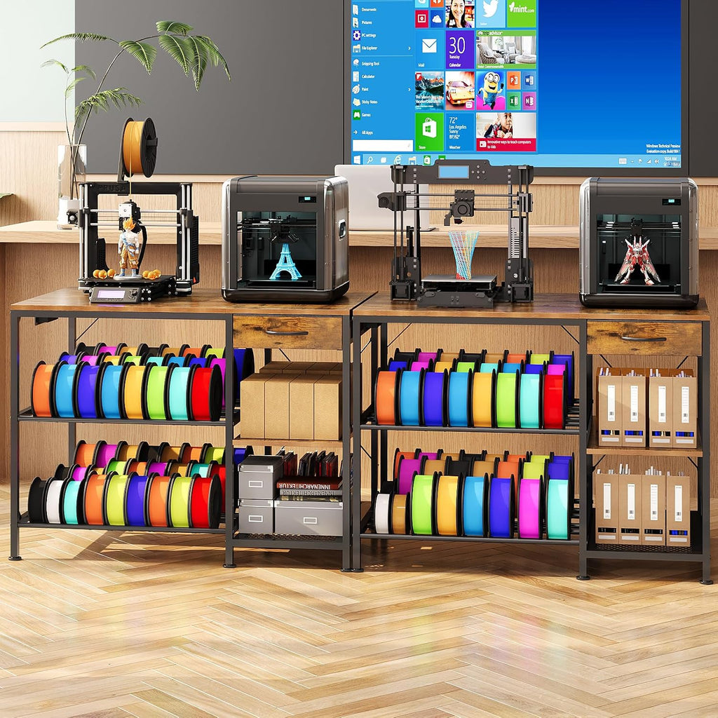 3D Printer Table with Filament Storage, 3-Tier 3D Printer Stand with Power Outlet & Drawer, Heavy Duty 3D Printer Rack for Workshop Studio Office (Brown)