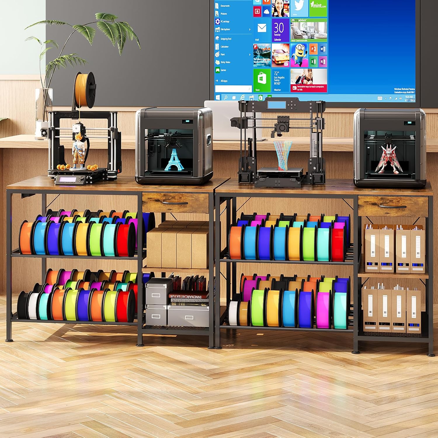 3D Printer Table with Filament Storage, 3-Tier 3D Printer Stand with Power Outlet & Drawer, Heavy Duty 3D Printer Rack for Workshop Studio Office (Brown)