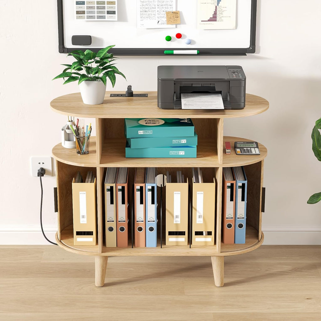 Fiogmub Round Printer Stand with Charging Station & USB Ports, 35.4 x15.7 x 30 Inches Large Printer Table 3 Tier with Storage Shelf for Home Office (Oak)