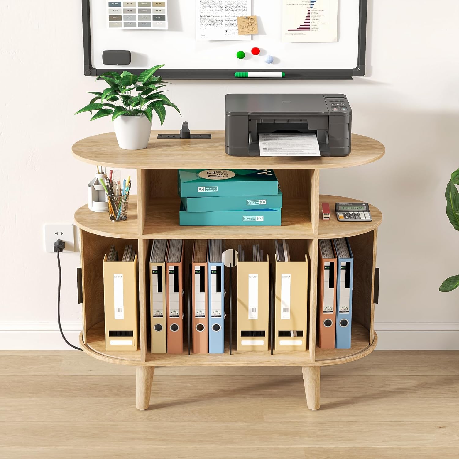 Fiogmub Round Printer Stand with Charging Station & USB Ports, 35.4 x15.7 x 30 Inches Large Printer Table 3 Tier with Storage Shelf for Home Office (Oak)
