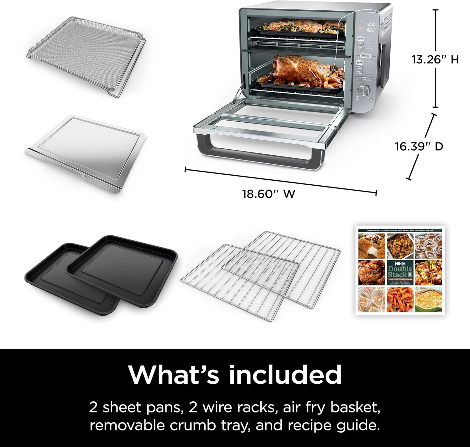 Ninja Air Fryer & Toaster Oven Combo with Thermometer | Double Stack XL | 12-in-1 | Smart Finish & DualZone Technology Cook 2 Meals at Once | Air Fry, Bake, Broil, Reheat | Stainless Steel | DCT651