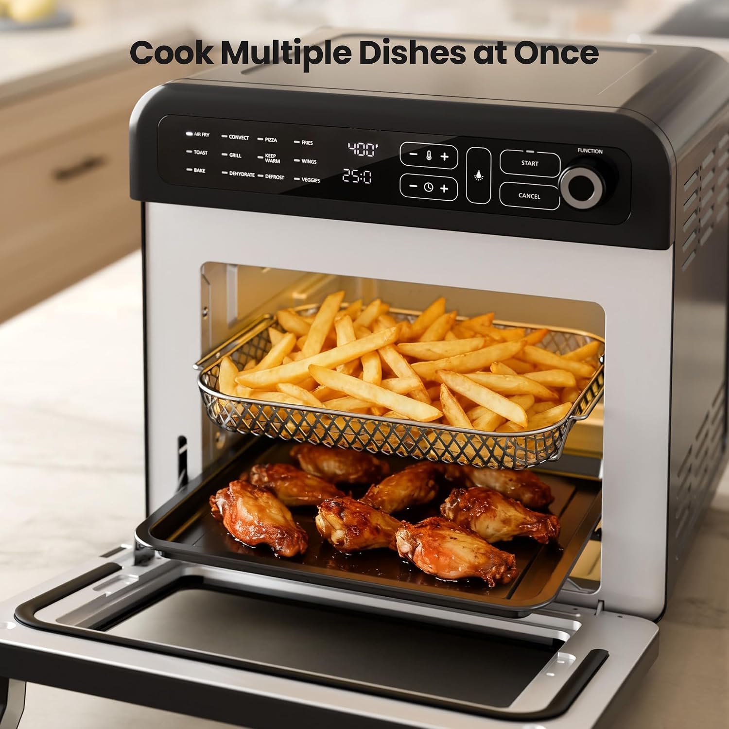 Kismile 18QT Air Fryer Toaster Oven Combo, 12-in-1 Countertop Convection Airfryer Oven, Adjustable 70–450℉ Temperature, Bake, Reheat & Broil, Fits 8-10″ Pizza, Complete Accessories Included, Black