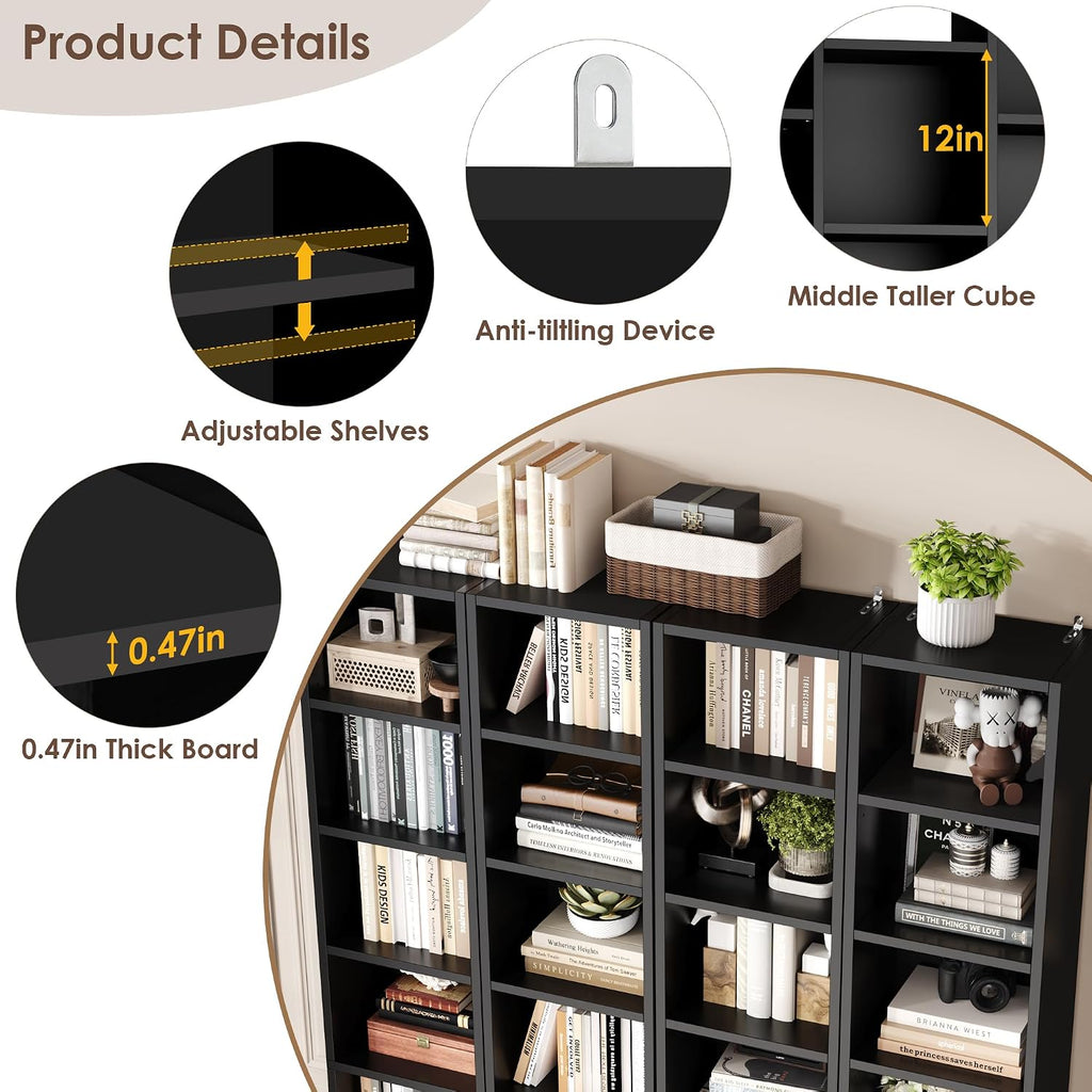 FOTOSOK 71'' Tall Bookshelf with 21 Cubes, 8 Tier Triple Wide Black Bookshelf with 8 Adjustable Shelves, 35' Large Bookcase DVD/CD Media Tower Storage, Freestanding Display Shelf Cabinet, Black