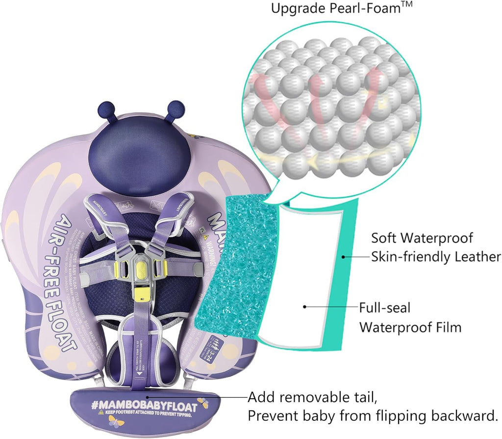 Mambobaby Float Add Tail Baby Swim Float with Canopy Solid Pool Infant Swim Trainer Swimming Training Lying Air Free Water Floats Non-Inflatable Waist Swim Ring for Toddlers (Butterfly-Purple)
