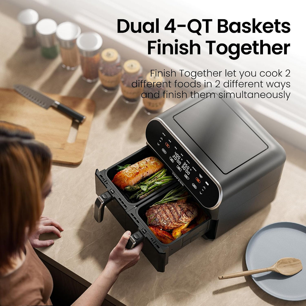 Topzee 8QT Dual Basket Air Fryer – Large 8-Quart Air Fryer with Independent Temperature Control, 8 Preset Functions, Match & Finish Together Mode, Clear Viewing Windows, Black