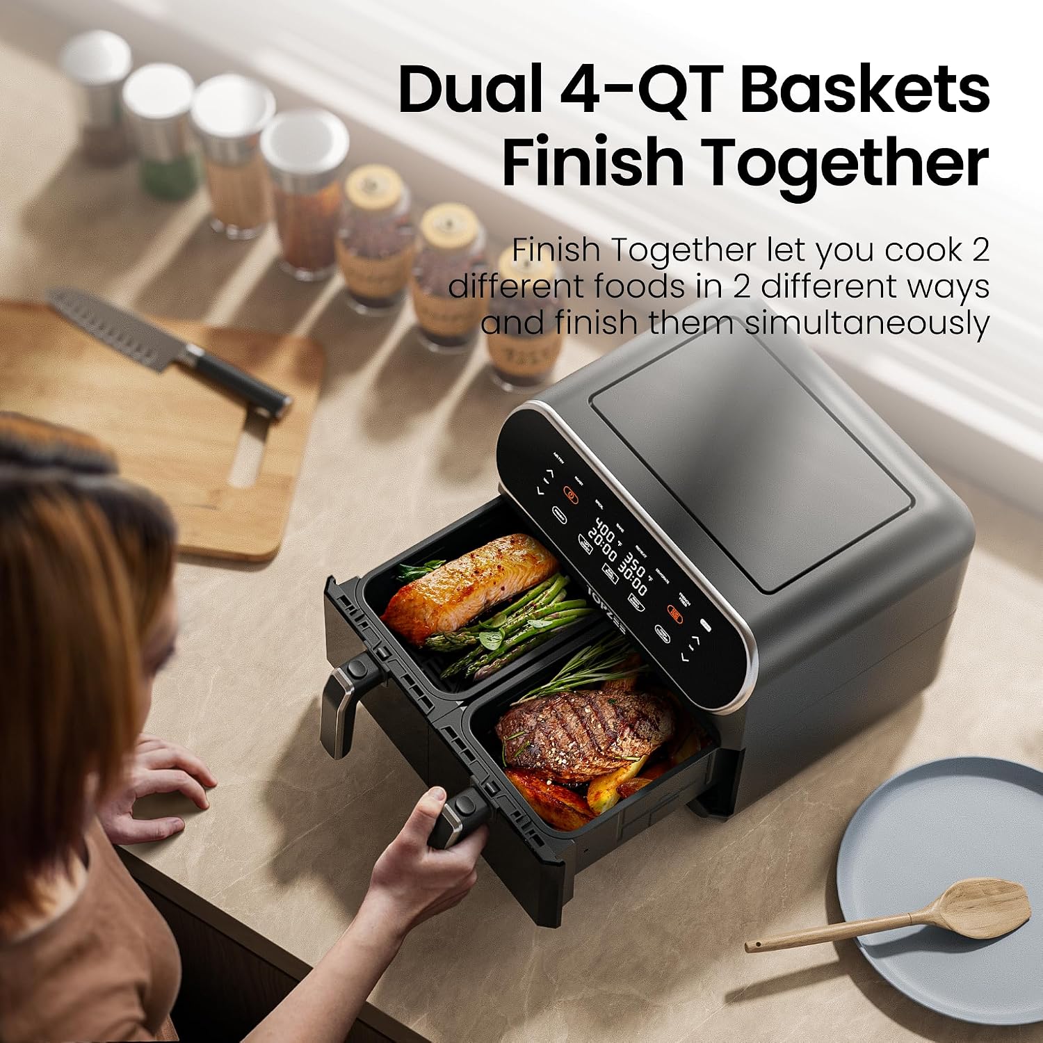 Topzee 8QT Dual Basket Air Fryer – Large 8-Quart Air Fryer with Independent Temperature Control, 8 Preset Functions, Match & Finish Together Mode, Clear Viewing Windows, Black