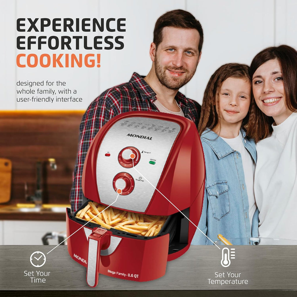 MONDIAL Air Fryer - 8.6 Quart Extra-Large Air Fryer, 2 Simple Dial Controls, 1800 Watts - Quick Heat Circulation Technology, Low Fat Cooking Less Calories - Removable Squared Basket - Red
