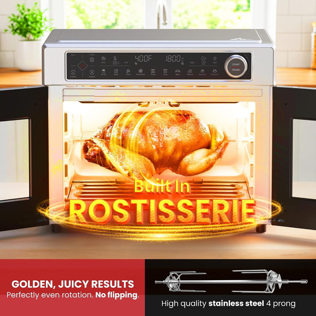 Magic Mill Ultra-Premium Dual-Zone Stainless Steel Air Fryer Toaster Oven Combo, Extra Large 32QT French Door Convection Oven with Next-Gen Patent Technology, 13 Accessories, Rotisserie, Sync Finish