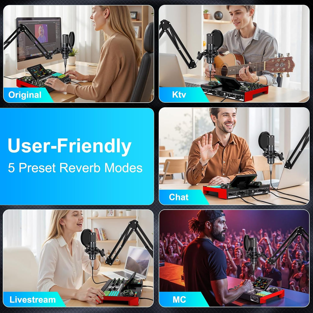 Podcast Equipment Bundle with 3.5mm P15 Condenser Microphone for Pc/Phone Live Streaming Singing Gaming, Podcast Microphone Bundle with Live Sound Board Audio Mixer,Voice Changer, Denoise,DJ Sets