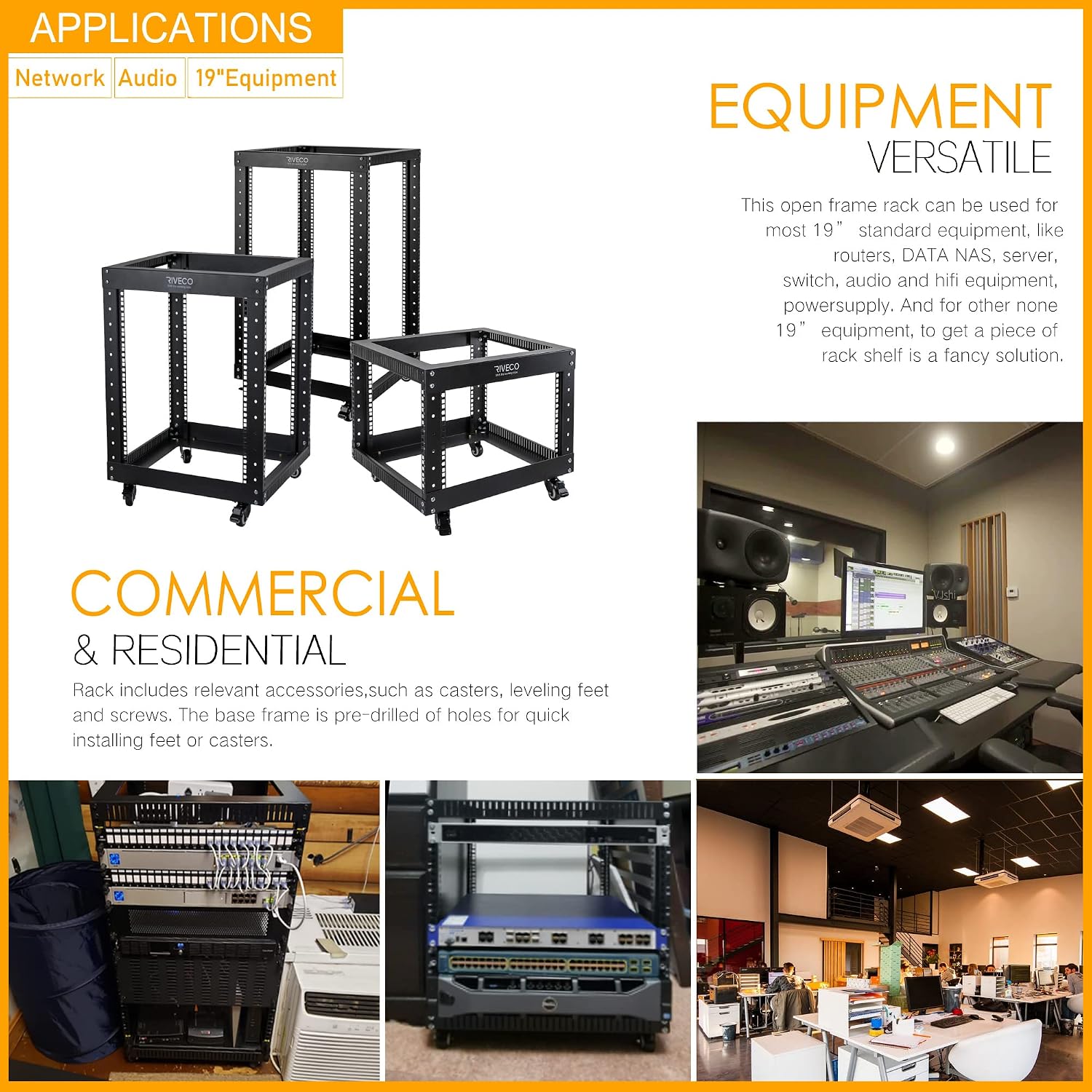 RIVECO 18U Open Frame Server Rack with Brake Casters- Heavy Duty 4 Post Quick Assembly 19-inch Rack Network Durable Black