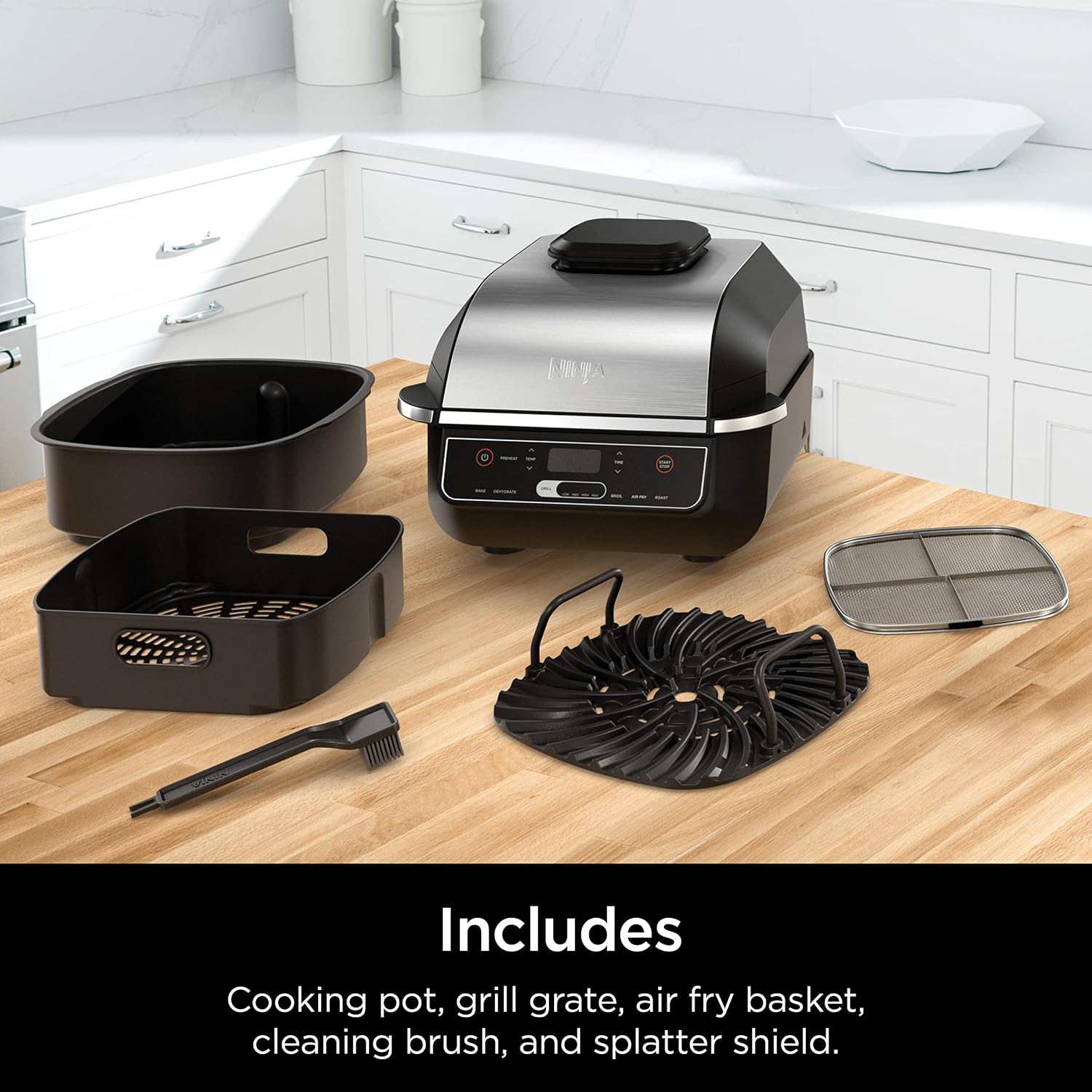 Ninja EG201 Foodi 6-in-1 Indoor Grill with Air Fry, Roast, Bake, Broil, & Dehydrate, 2nd Generation, Dishwasher Safe, Black/Silver