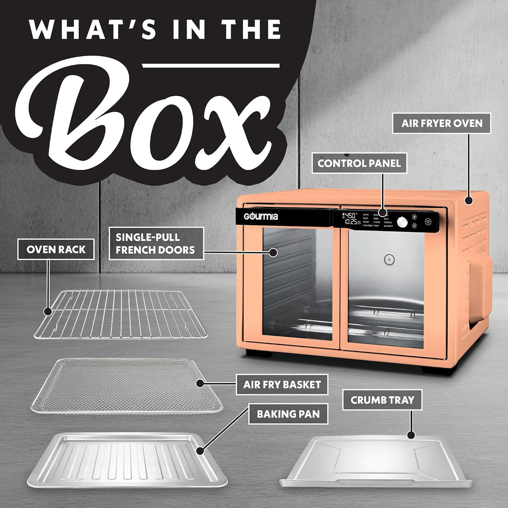 Gourmia French Door Air Fryer Oven - 37 Qt Large Capacity Convection Toaster Oven, FryForce 360°, Digital Display, 12 Cooking Presets, Dehydrate, Fits 13' Pizza, Dishwasher-Safe, Peach