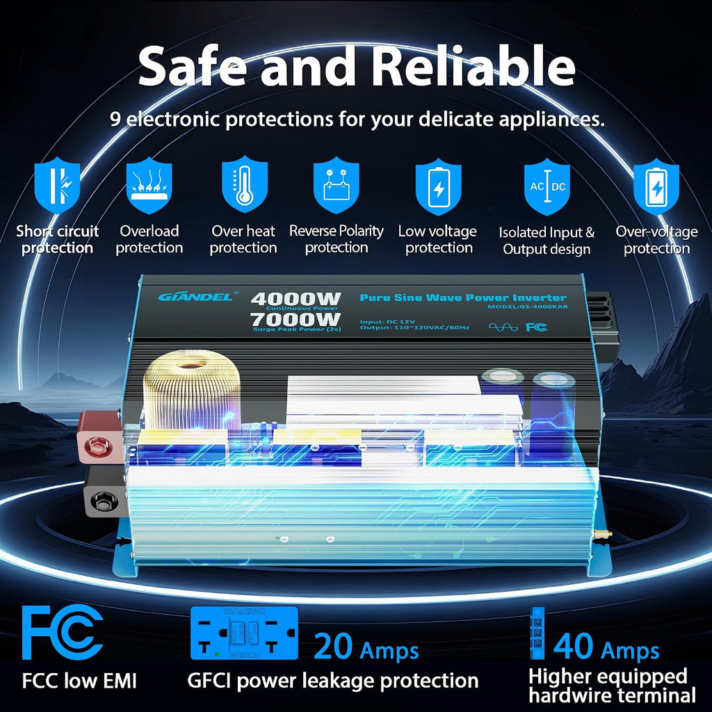 GIANDEL 4000W Pure Sine Wave Power Inverter 12V to 120V AC,7000W Surge,Compatible with All 12V Batteries,Dual Remote Control,UL Listed GFCI Outlets,FCC Approved for RV Campers Off-Grid Solar Systems