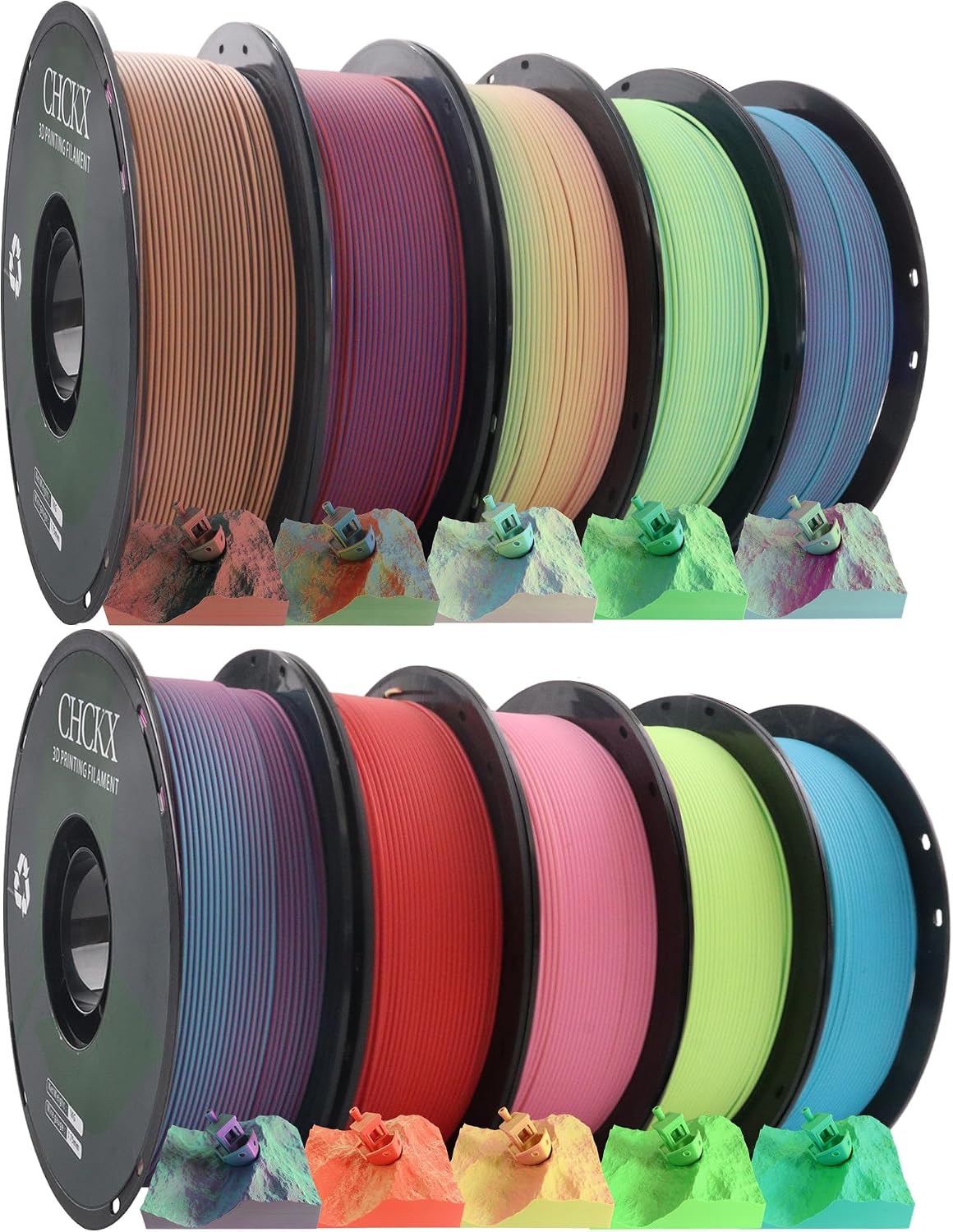 Matte PLA 3D Printer Filament Bundle, 10 Rolls, Dimensional Accuracy +/- 0.02 mm, 1kg (2.2lbs), 1.75 mm Matte Dual Color and Tricolor PLA Filament for Most FDM 3D Printers