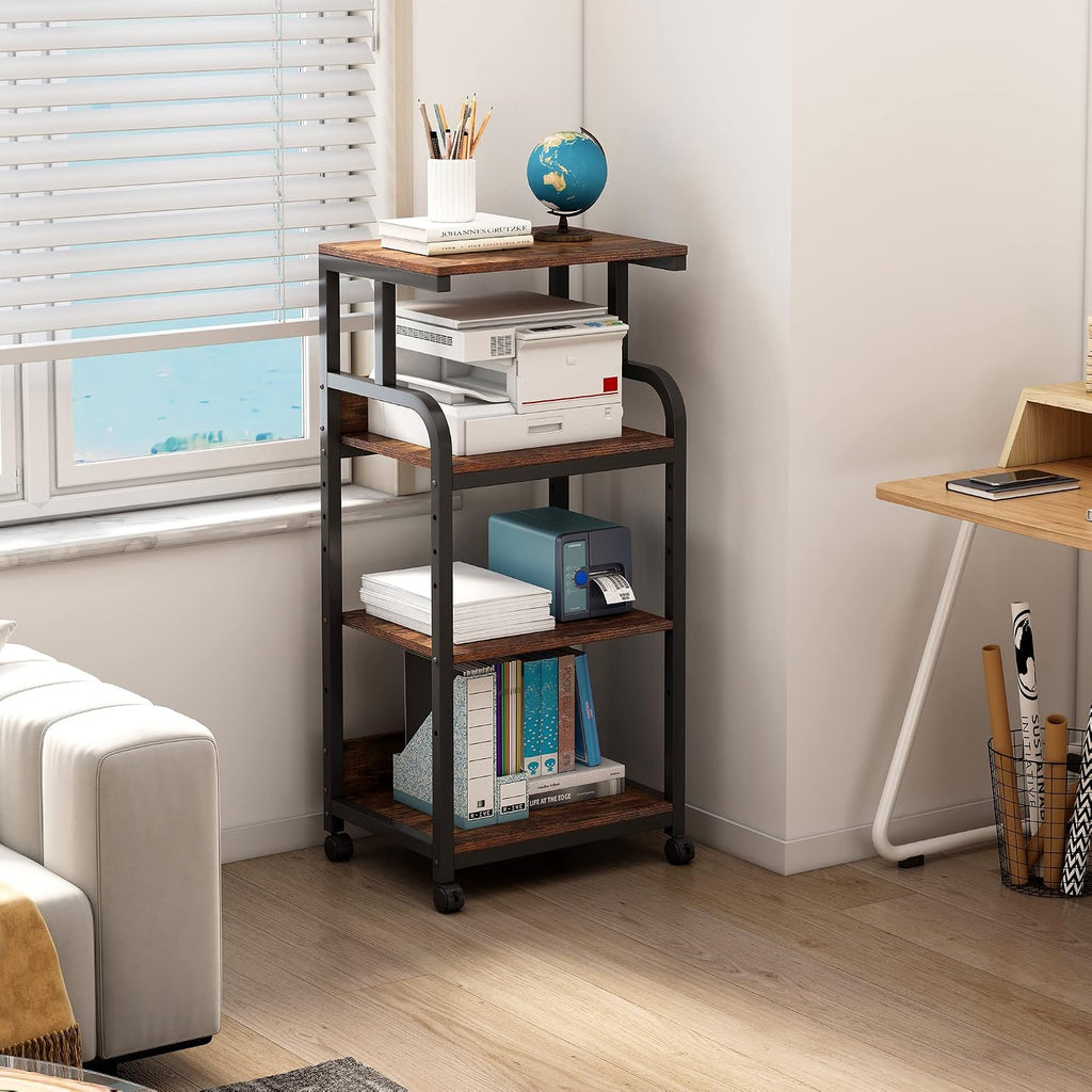 Fannova 4-Tier Printer Stand with Adjustable Storage Shelf, Large Tall Printer Table with Wheels for Home Office Small Spaces Organization, Rustic Brown