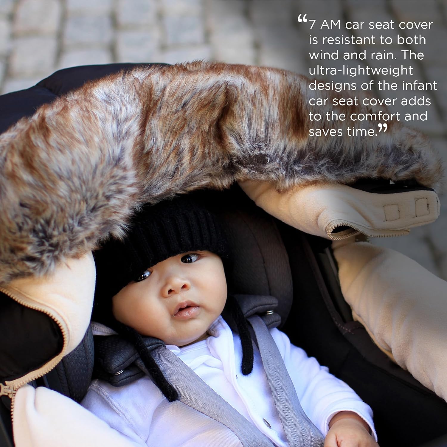 7AM Enfant Car Seat Covers - Cocoon Baby Cover for Boys & Girls, Rain & Snow Repellent, Breathable Windproof, Center Zipper, Universal Fit for Infant Car Seat (0-12M) (Black Faux Fur)