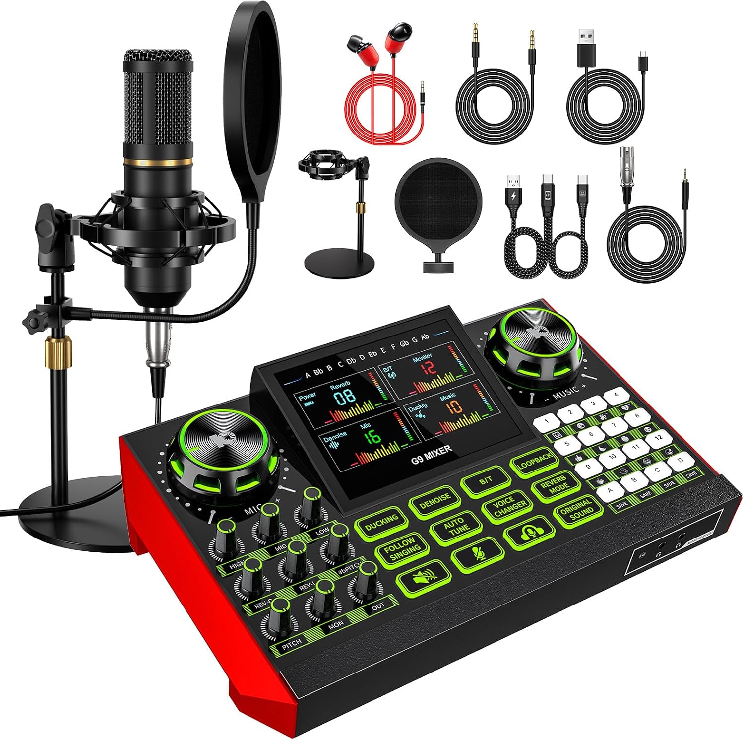 podcast equipment bundle, Live Sound Card with Audio Interface, All-in-One Audio Mixer with Voice Changer, Condenser Microphone for Live Streaming, Singing, Gaming, and Content Creation.