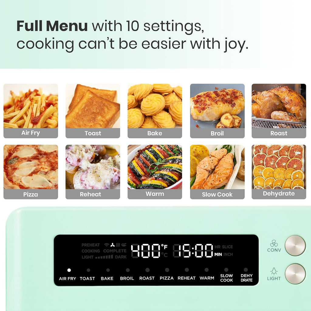 VAL CUCINA Retro Style Infrared Heating Air Fryer Toaster Oven, Extra Large Countertop Convection Oven 10-in-1 Combo, 6-Slice Toast, Enamel Baking Pan Easy Clean with Recipe Book, Green Color