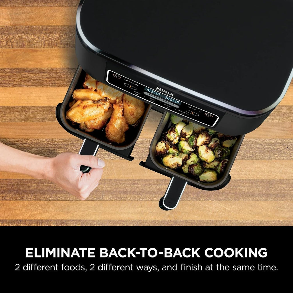 Ninja Foodi 4-in-1 8-qt. 2-Basket Air Fryer with DualZone Technology, 4 Functions, Smart Finish, Roast, Air Fry, Reheats, & Dehydrates, Black, DZ100 (Renewed)