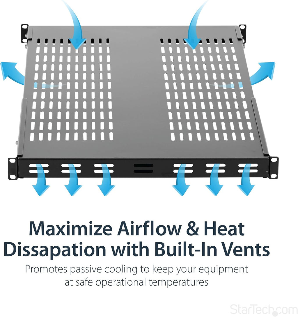 StarTech.com 1U 4-Post Adjustable Vented Server Rack Mount Shelf - 330lbs(150 kg) - 19.5 to 38in Adjustable Mounting Depth Universal Tray 19' AV/ Network Equipment Rack - 27.5in Deep (ADJSHELFHDV)