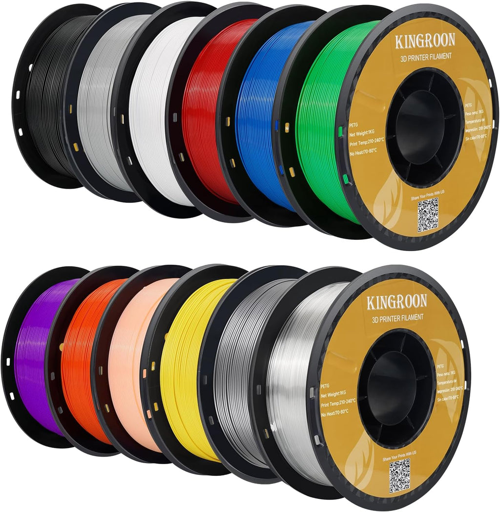 Kingroon 3D Printer Filament,12 Rolls PETG Filament, Dimensional Accuracy +/- 0.03 mm, 12kg(26.5lbs),1.75 mm PETG,Black+White+Grey+Red+Green+Blue+Yellow+Purple+Skin+Silver+Transparent+Orange
