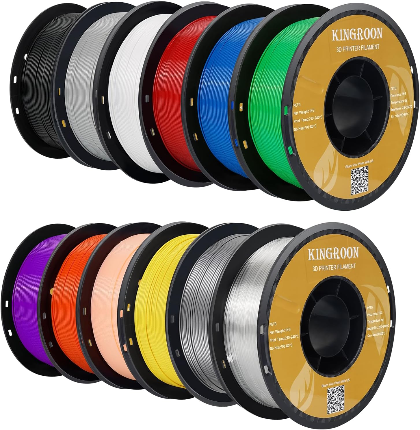 Kingroon 3D Printer Filament,12 Rolls PETG Filament, Dimensional Accuracy +/- 0.03 mm, 12kg(26.5lbs),1.75 mm PETG,Black+White+Grey+Red+Green+Blue+Yellow+Purple+Skin+Silver+Transparent+Orange