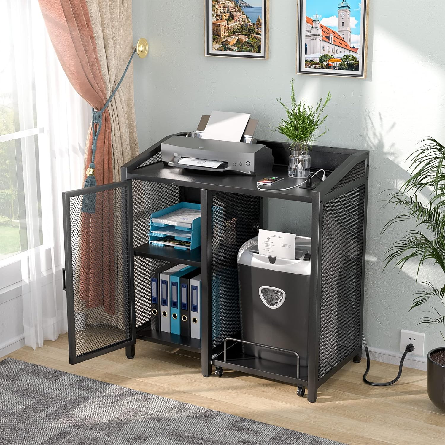 Unikito File Cabinet with Paper Shredder Stand On Wheel, Modern Vertical Filing Cabinet with Socket and USB Charging Port, Large Printer Stand with Adjustable Storage Shelf Rack for Home Office, Black