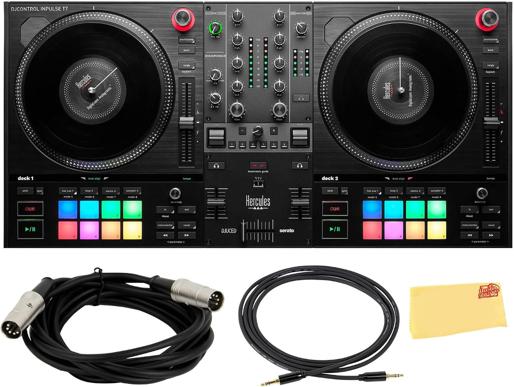 Hercules DJControl Inpulse T7 2-Channel DJ Controller Bundle with TRS Cable, MIDI Cable, and Austin Bazaar Polishing Cloth