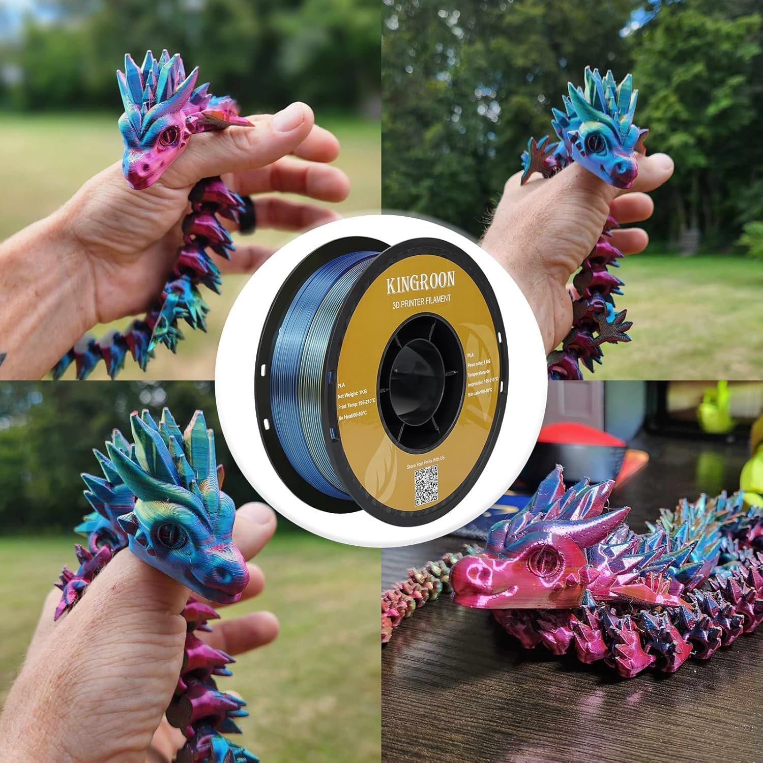 Kingroon PLA Filament, Multicolor Silk PLA Filament, Dual Color 3D Printer Filament 10 Rolls, 10kg Spool(22lbs), 1.75 mm, Dimensional Accuracy +/- 0.03 mm, 10 Different Dual Colors
