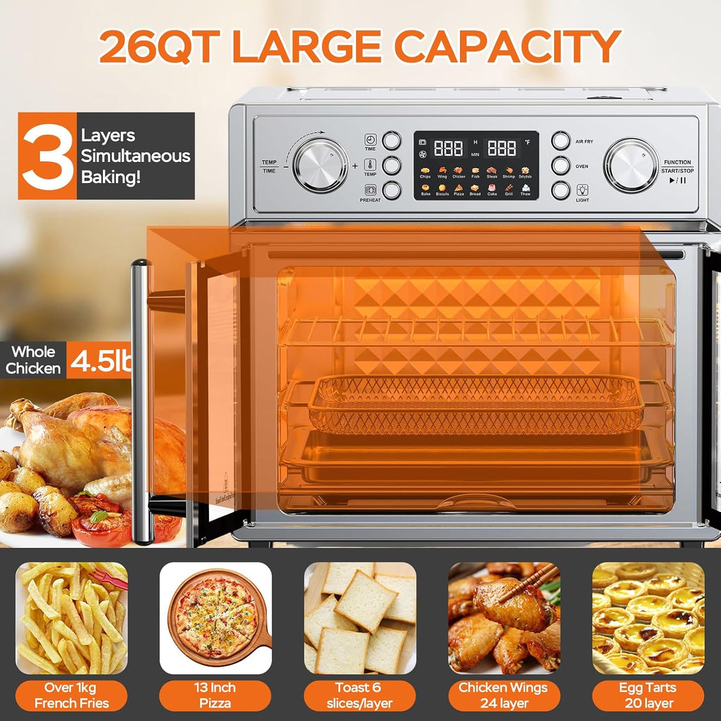 PlumChef 29.5QT Large Capacity French Double-Door Air Fryer Convection Toaster Oven, 1700W, 14 Preset Menus, 7-in-1 Multi-Function (Bake, Roast, Gril,Toast,Dehydrate&Defrost), Stainless Steel,silvery