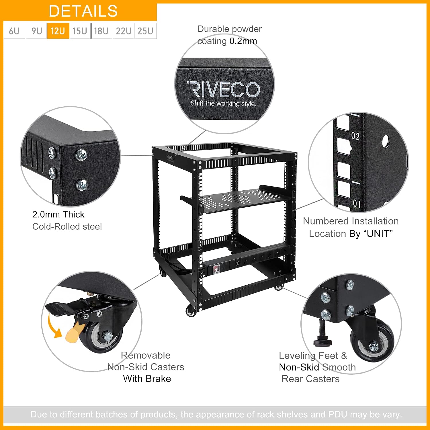 RIVECO 19' 12U Server Rack Open Frame with Wheels + PDU (8 Outlets) Power Strip Surge Protector + 1U Rack Shelf Cantilever Tray Set Black