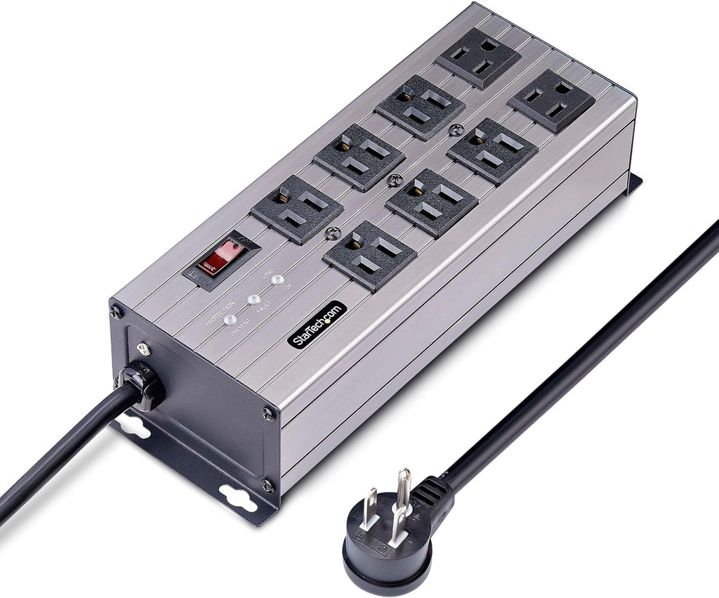 StarTech.com Flat Plug 8-Outlet Heavy Duty Industrial Power Strip 125V/15A with Surge Protector, EMI/RFI Isolation, Mountable PDU, 12ft/3.6m Extension Power Cord, NEMA 5-15P/R, TAA