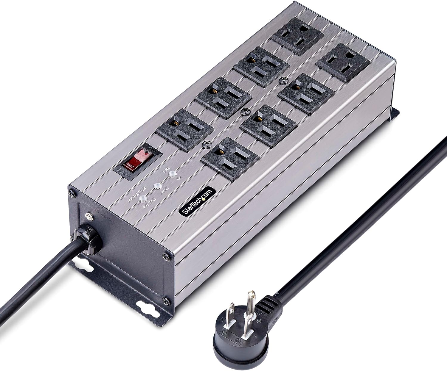 StarTech.com Flat Plug 8-Outlet Heavy Duty Industrial Power Strip 125V/15A with Surge Protector, EMI/RFI Isolation, Mountable PDU, 12ft/3.6m Extension Power Cord, NEMA 5-15P/R, TAA