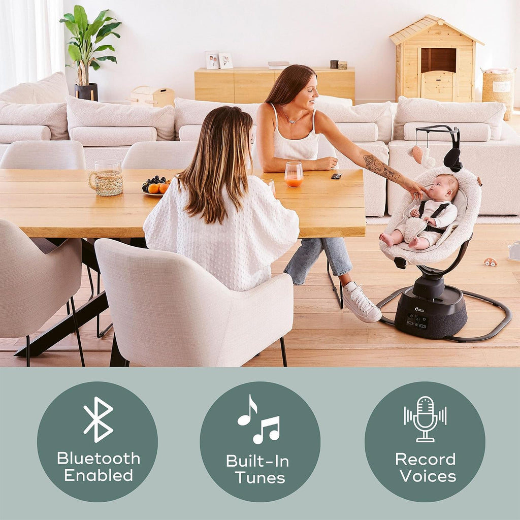 Babymoov Swoon Evolution Smart Baby Swing, Bluetooth-Connected, 8 Motions, 360° Reclining Seat, Music Streaming, Voice Recording, Mobile App Control, Infant Insert Included, Curly White