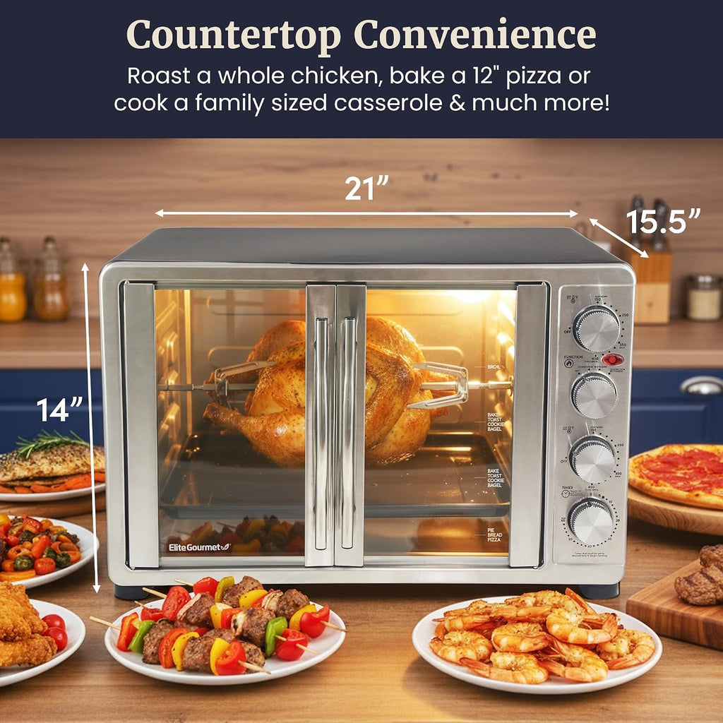 Elite Gourmet ETO-4510M French Door 47.5Qt, 18-Slice Convection Oven 4-Control Knobs, Bake Broil Toast Rotisserie Keep Warm, Includes 2 x 12' Pizza Racks, Stainless Steel