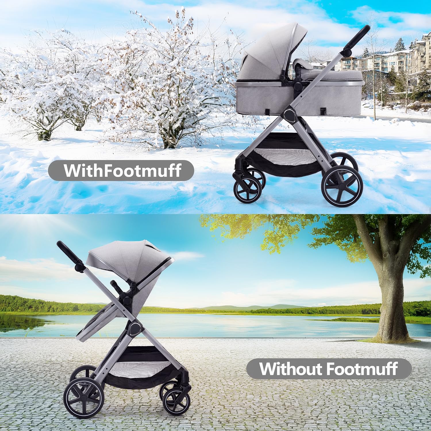 Lortsybab 2 in 1 Baby Stroller, Newborn Infant Toddler Convertible Pram Stroller for 0-36 Months Old Babies (Grey)