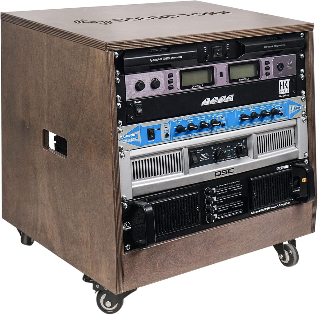 Sound Town DIY Solid Baltic Birch Plywood Slanted 8U Studio Rack, Weathered Brown, Rubber Feet, Casters (SDRK-8TB)