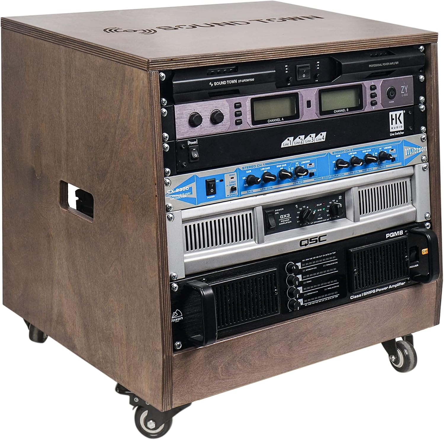 Sound Town DIY Solid Baltic Birch Plywood Slanted 8U Studio Rack, Weathered Brown, Rubber Feet, Casters (SDRK-8TB)