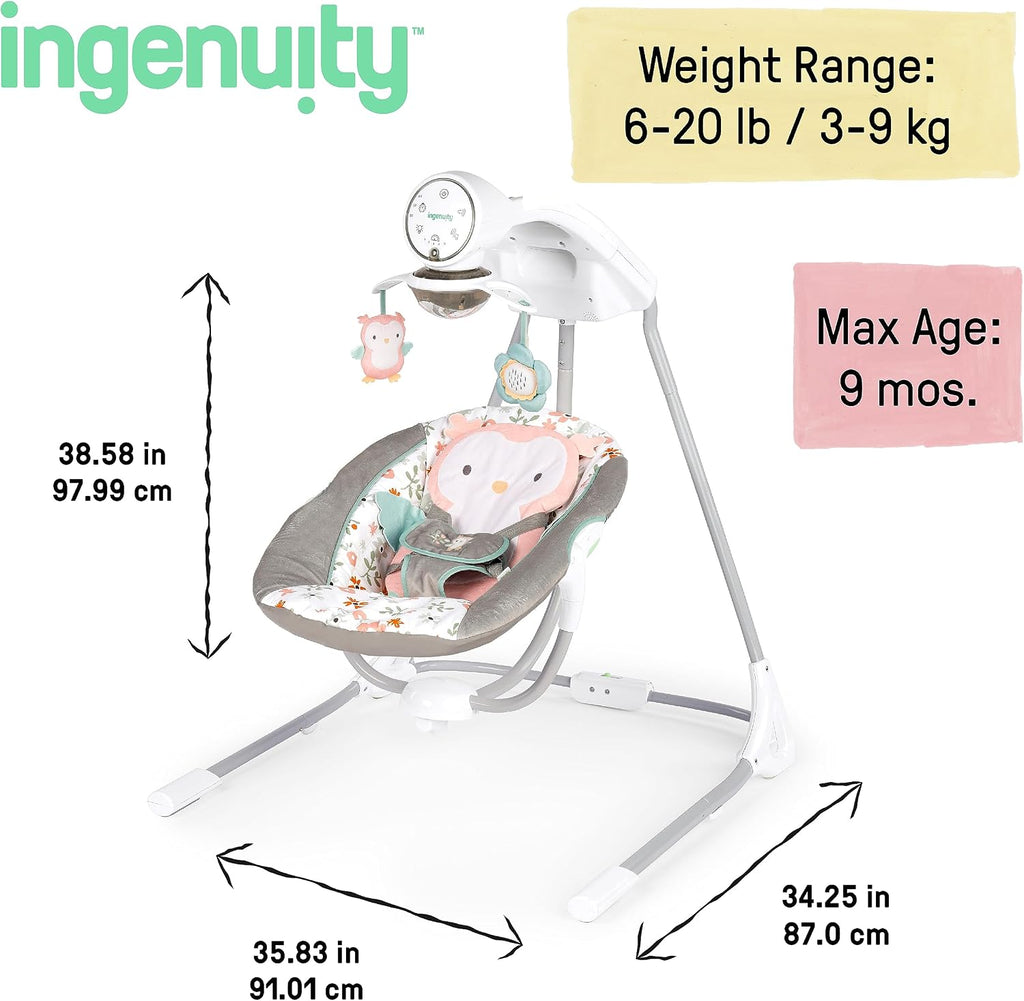 Ingenuity InLighten 5-Speed Baby Swing - Swivel Infant Seat, 5 Point Safety Harness, Nature Sounds, Lights - Nally Owl
